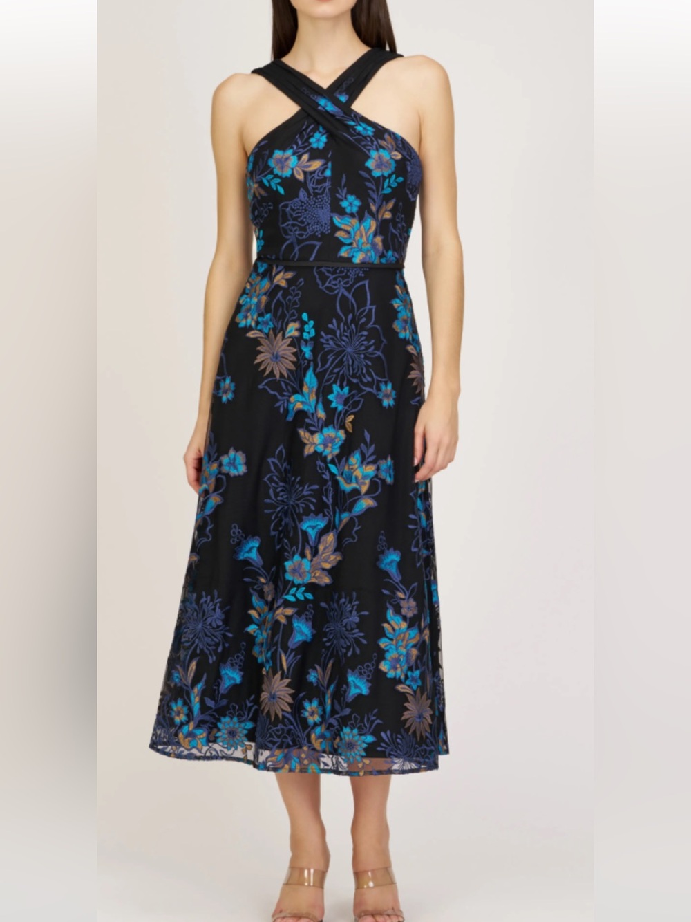 JS Collections Black Strapless Floral Midi Dress with Blue and Tan Embroidery